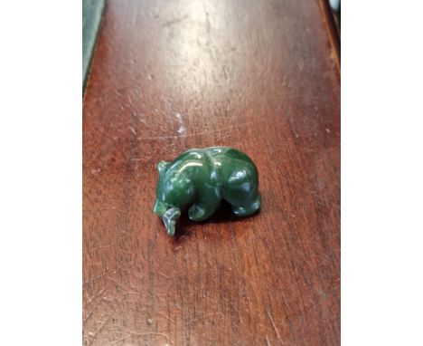 Green Spinach Jade carved figure of a Bear with Fish