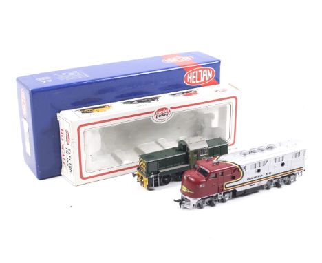 Two OO gauge diesel locomotives. Featuring one Model Power F3 Santa Fe no. 6730 and one Heljan BR class 14 no. D9521, both in