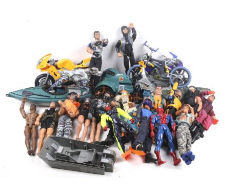 A collection of Action Man figures and vehicles. Noting a motorbike and canoe etc, all unboxed. 