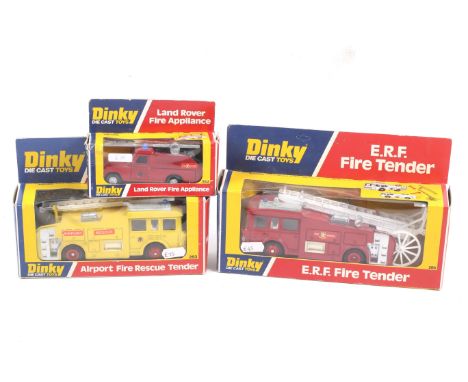 Three Dinky diecast fire service vehicles. Comprising one Airport Fire Rescue Tender no. 263, one Land Rover Fire Appliance n