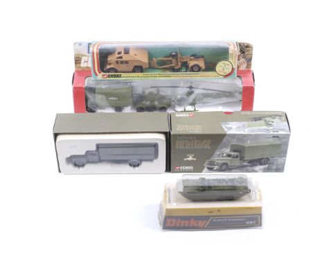 Four diecast military vehicles. Comprising one Dinky DUKW Amphibian no. 681, one Dinky Army Truck Armoured Car and Helicopter