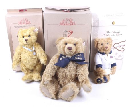 A collection of three Steiff teddy bears. Comprising one Prince Harry 21st Birthday, one Golden Jubilee and one Centenery bea