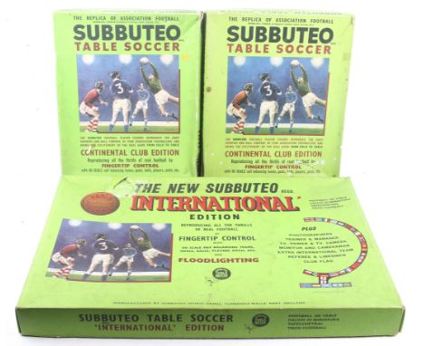 Three Subbuteo table football sets. Comprising two 'Club Editions' and one 'International Edition', unchecked for completenes