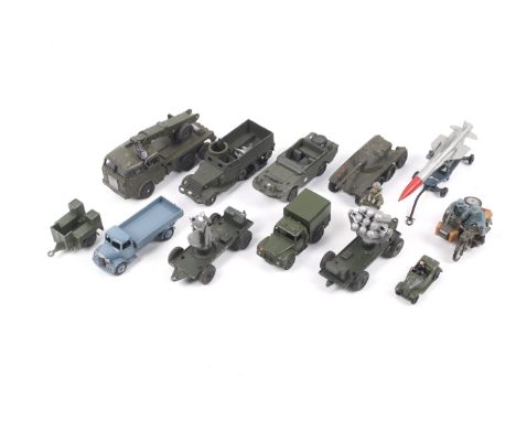 A collection of diecast metal military vehicles. Including Britains and Dinky noting earlier model plus tanks trucks and guns