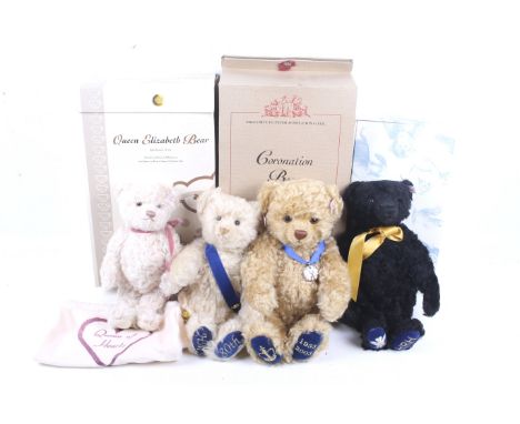A collection of four Steiff teddy bears. Comprising one HRH growling bear in black with yellow neck tie, one Queen Elizabeth 
