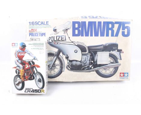 Two Tamiya motorcycle model kits. Comprising one 1:12 scale Honda CR450R and one 1:6 scale BMW R75, both boxed. 