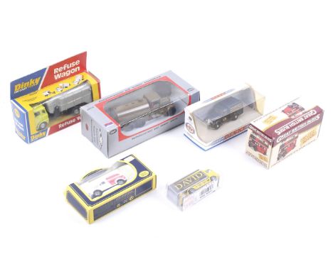 Six diecast model vehicles. Comprising a Dinky Refuse Wagon no. 978, a 1948 Commer 8 CWT, a London Transport Double Decker Bu