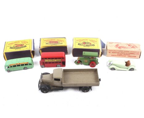 Three Moko Lesney Matchbox Series diecast models. Comprising No. 1 diesel road roller and No. 5 Routemaster bus and No. 21 Be