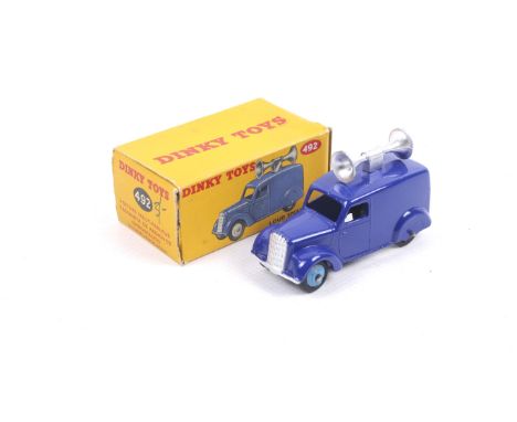 A Dinky diecast Loudspeaker Van. No. 492, blue body with silver speaker, in original box, box has writing on on side.