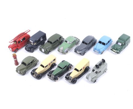 Twelve diecast model cars. Noting Dinky with earlier cars, a fire engine etc, all unboxed.