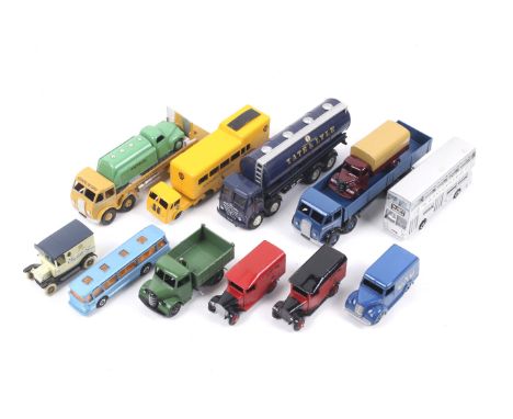 Thirteen diecast model vehicles. Mainly Dinky noting Foden truck, petrol tanker etc, all unboxed.
