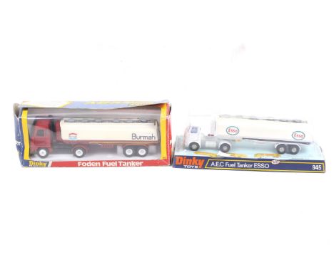 Two Dinky diecast fuel tankers. One Foden fuel tanker no. 950 and one AEC Esso tanker no. 945, both in original boxes.