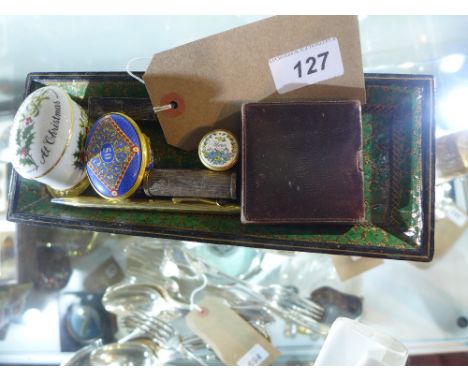 A hallmarked silver tea caddy, cased together with a silver perfume bottle, a lacquered pen tray and other items 