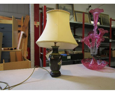 A cloisonné table lamp with floral design, cream/gold shade 