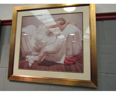 A modern print depicting girl in white satin dress asleep, framed and glazed 50cm x 57cm