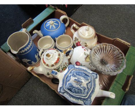 A box of various china including Copeland Spode and teapots