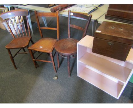 Three various dining chairs including elm seated stick-back example, a painted shelf and a hinged box (5)