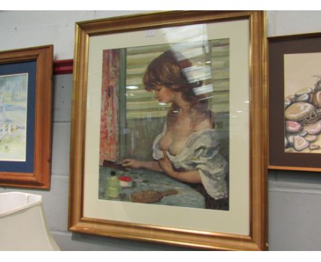 A modern coloured print depicting lady sat at her dressing table, framed and glazed 59.5cm x 49cm