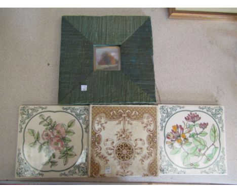Three various ceramic wall tiles including Minton and a miniature painting of a tree in a stained rustic frame