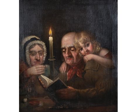 Early 19th Century English School. Figures Reading by Candle Light, with a Young Child, Oil on Canvas, Unframed, 32" x 27.75"