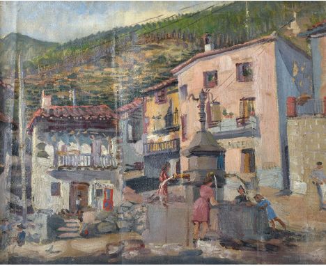 20th Century English School. Children Playing by a Fountain in a Marker Square, Oil on Unstretched Canvas, 15.75" x 19.5", an