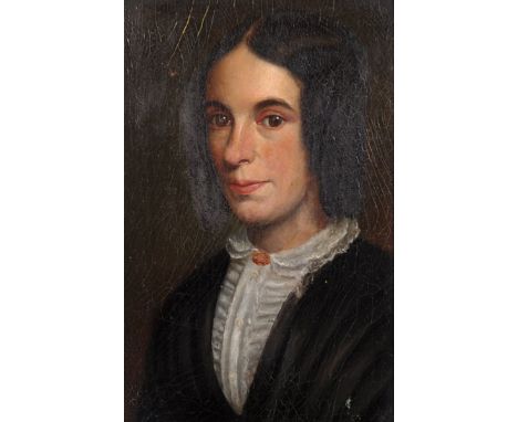 19th Century English School. Portrait of a Lady, Wearing a Black Dress with a White Blouse, Oil on Board, 8" x 5.25".