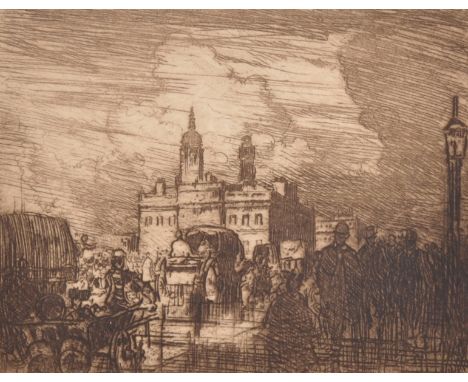 Frank Brangwyn (1867-1956) British. A Street Scene with Figures and Carriages, Etching, Signed in Pencil, Unframed, 3.75" x 4