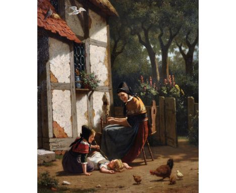Jozef Israels (1824-1911) Dutch. A Mother and Children Playing by a Cottage, with Chickens in the foreground, Oil on Canvas, 