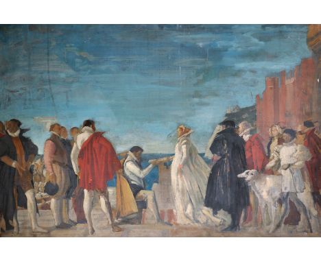 Arthur Kingsley Lawrence (1893-1978) British. "Queen Elizabeth and Raleigh", a Preparatory Sketch, Oil on Canvas, Unframed, 2