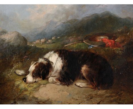 George Armfield (1808-1893) British. A Spaniel Resting in a Landscape, a Stick, Hat and a Red Scarf beside him, with Sheep in