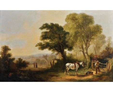 Charles Towne (1763-1840) British. An Extensive Landscape, with Figures and a Horse by a Gate, Oil on Canvas, Signed with Ini