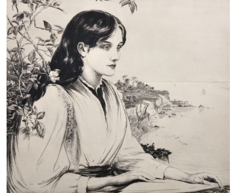 Herbert Hillier (20th Century) British. Bust Portrait of a Young Lady, with a Coastal View beyond, Etching, Signed in Pencil,