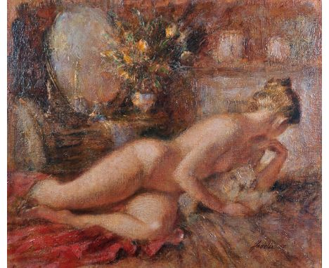 Frank Haseler (1928-1998) British. "Dressing Table with Flowers", a Naked Lady Lying on a Bed, Oil on Canvas laid down, Signe