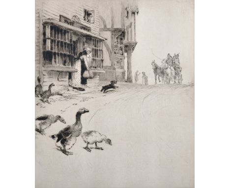 Cecil Aldin (1870-1935) British. Ducks Crossing a Path by an Inn, with a Stage Coach in the distance, Etching, Signed and num