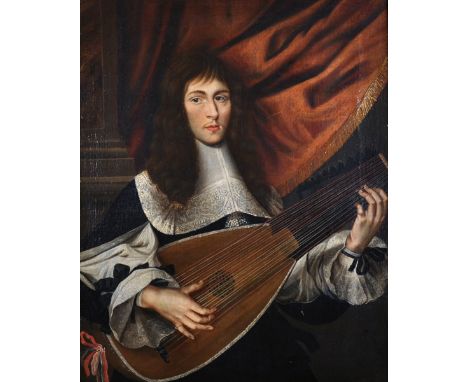 17th Century French School. 'The Lute Player', a Portrait of a Man in an Interior with a Stone Column and Red Curtain, Dresse