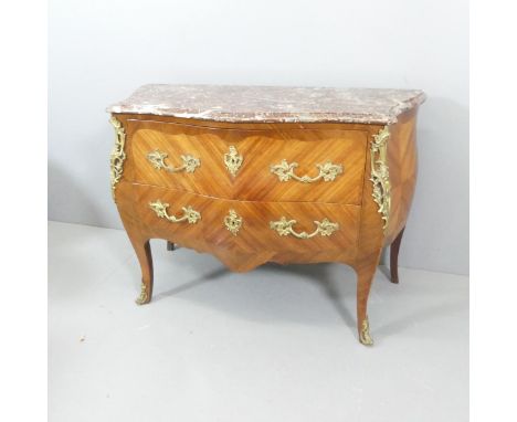A French kingwood veneered and satinwood strung commode chest of two drawers, with ormulu rococo mounts and Rosso Antico Marm