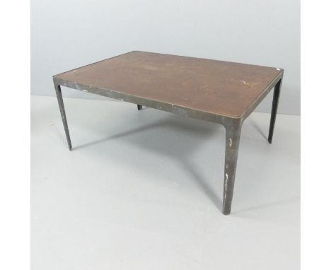 A mid-century style brass framed coffee table with inset stained oak top. 100x45x70cm. 