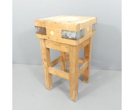 A vintage pine butcher's block on stand. 46x84cm. 