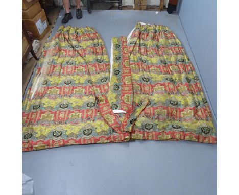 2 pairs of lined, interlined, padded and weighted oriental design curtains, purchased from a Surrey country house, with a lar