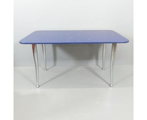 A 1980s dining table with sparkle blue quartz stone top on chrome swept out legs. 140x75x80cm. Each leg is attached via seven