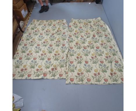 A near pair of Jane Seymour Arts and Crafts tulip design lined curtains.  drop:210, top gather:180, bottom gather:250cm. drop