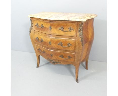A French Louis XV style kingwood veneered and satinwood strung chest of three long drawers, with stepped marble top and brass