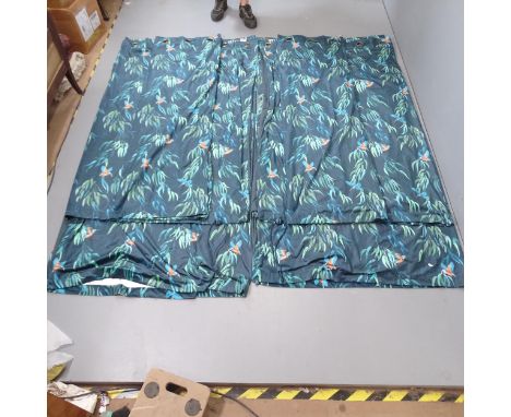 3 Pairs of lined curtains, featuring Natural History Museum Collection Kingfisher pattern fabric, labelled. Largest pair - dr