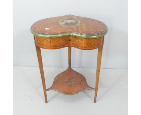 An Edwardian Sheraton revival mahogany two-tier heart shaped occasional table, with painted decoration and single drawer. 49x