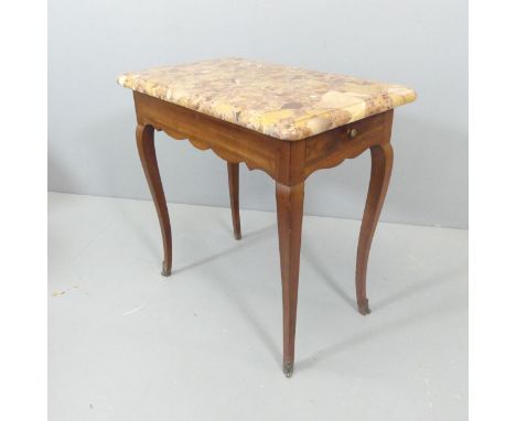 A French cherrywood and marble topped side table, with end frieze drawer, cabriole legs and ormolu mounts. 70x69x42cm. 