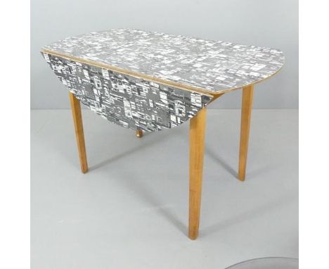 JACQUELINE GROAG - a mid-century Manhattan pattern Warerite formica topped drop leaf dining table, 1959. 103x77x61cm (folded)