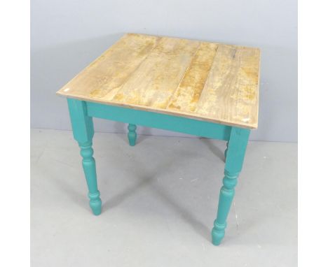 A vintage pine kitchen table on painted base. 78x76x83cm. 