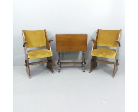A pair of 1920s Gomme Arts & Crafts chairs with matching drop leaf table. 61x78x31cm, opening to 92cm. 