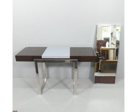 A contemporary dressing table, with lifting lid and two frieze drawers, and raised on metal sled base, 130x77x48cm, and a mat