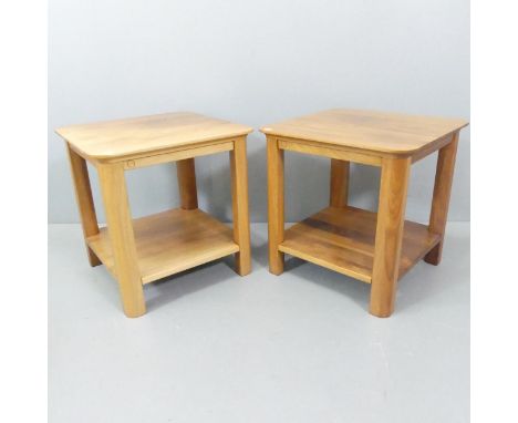CHRIS SHARP CABINETS - a pair of walnut two-tier lamp tables, with etched maker's mark. 50x50cm.Good condition. 